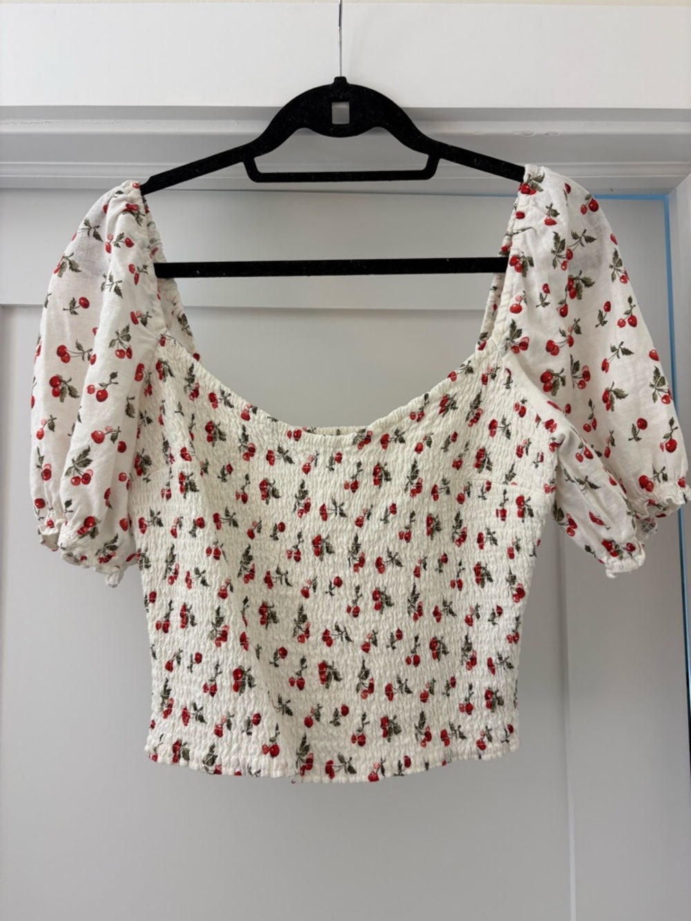 Abercrombie & Fitch Cream Smocked Top with Cherry Design